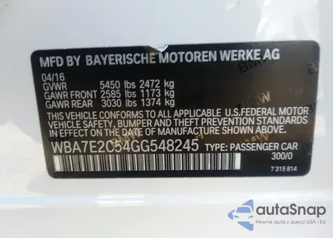 2016 BMW 740I from USA, damaged, VIN WBA7E2C54GG548245